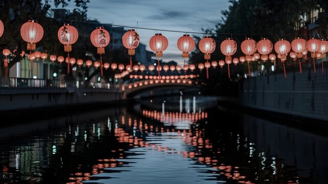 Serene Night River with Hanging Red Lanterns