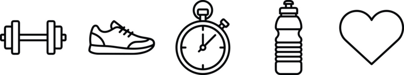 Fitness lifestyle icons, workout essentials, dumbbell, running shoe, stopwatch, water bottle, heart symbol, health and exercise tools