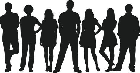 Silhouettes of seven people, standing side by side, diverse postures, group unity, anonymity, black figures, human shapes, crowd concept