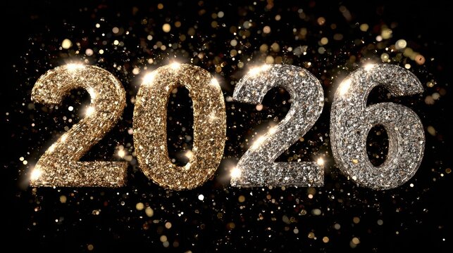 Sophisticated 2026 New Year typography in gold and silver hues with glowing effects and confetti details