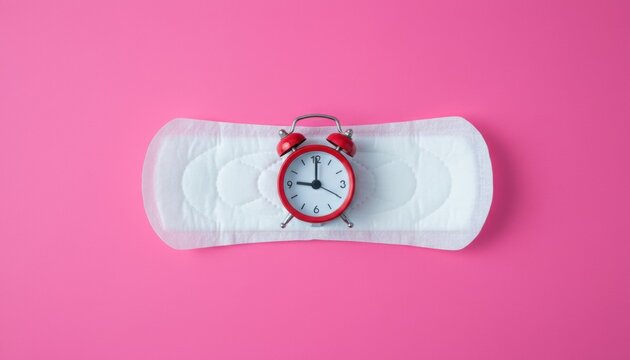 Small red alarm clock on a sanitary pad symbolizing the menstrual cycle and women's health, shot in a top-down flat lay view on a vibrant pink background