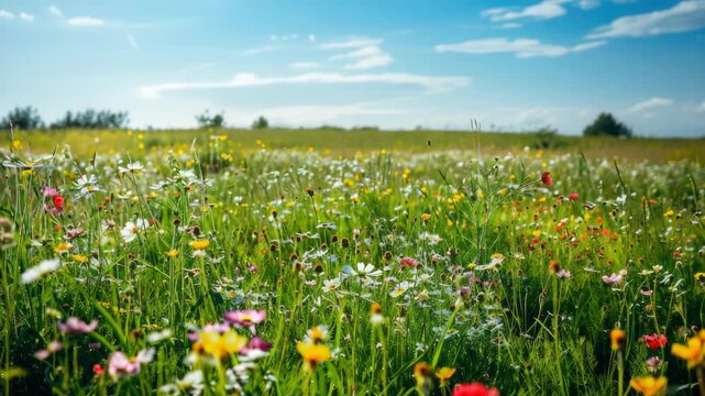 A lush field filled with an assortment of colorful wildflowers in full bloom under a clear sky.