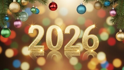 Golden 2026 numbers illuminated with festive christmas ornaments and bokeh lights