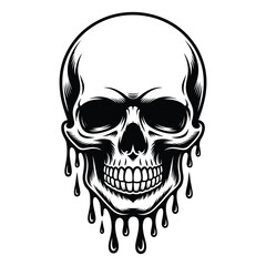 Fototapeta premium Black and white illustration of a human skull with dripping liquid effect