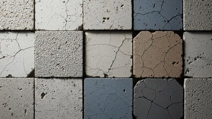 Textured concrete tiles arranged in a grid with cracks and varying surfaces. Abstract background for construction and interior design.