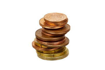 stack of copper euro or cent coins isolated on white or transparent png