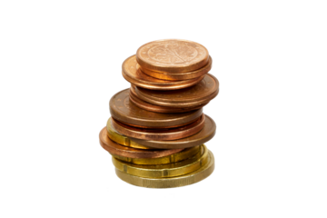 stack of copper euro or cent coins isolated on white or transparent png