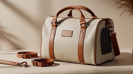 Elegant leather handbag showcase with matching accessories and soft shadows - Powered by Adobe