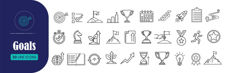 Business Goals and Success Line Icon Set 30 Vector Symbols