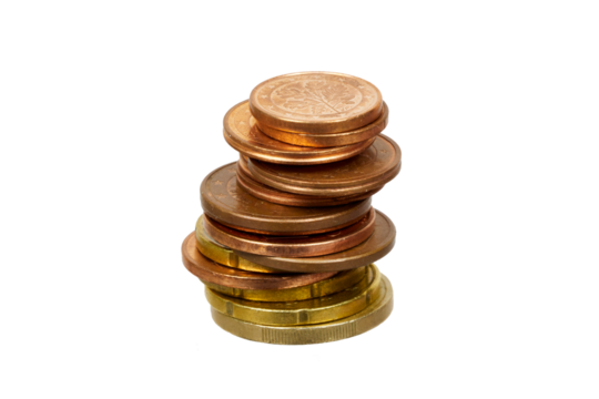 stack of copper euro or cent coins isolated on white or transparent png