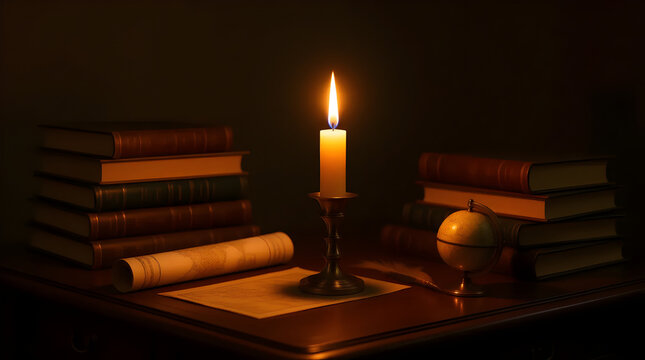 A single lit candle illuminates an antique desk with stacks of old leatherbound books, a rolled parchment, and a small globe in the dark