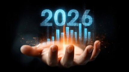 Technology-inspired growth concept with holographic chart in a hand and glowing 2026 above it