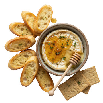 Appetizing baked camembert with honey, thyme, and cracker. Warm toasted baguette appetizer, gooey and comforting snack