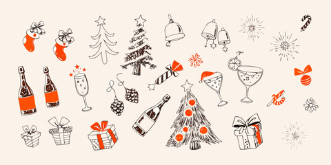 Hand drawn christmas and new year celebration elements on beige background