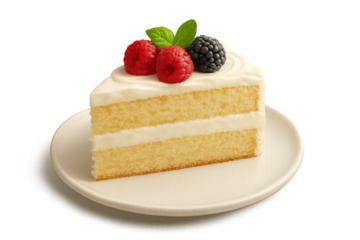 Slice of layered vanilla cake with white frosting, topped with berries on plate