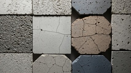 Textured concrete wall with various square and octagonal tiles. Abstract background with different shades of grey and beige for architectural design.