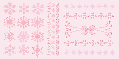Pink winter holiday elements snowflakes floral border and bows on pink