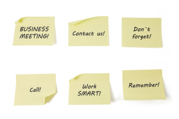 yellow sticky notes with text: Contact us, dont forget, remember, work smart, buisness meeting and call isolated on white or transparent png