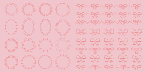 Collection of cute pink frames and bows for decoration and design