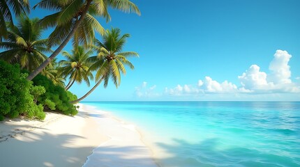 Idyllic tropical beach paradise with palm trees and crystal clear turquoise ocean water