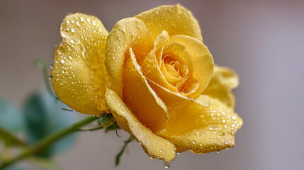 Dew-covered yellow rose blooming with delicate petals in a soft blurred background highlighting natural beauty and freshness in early morning light