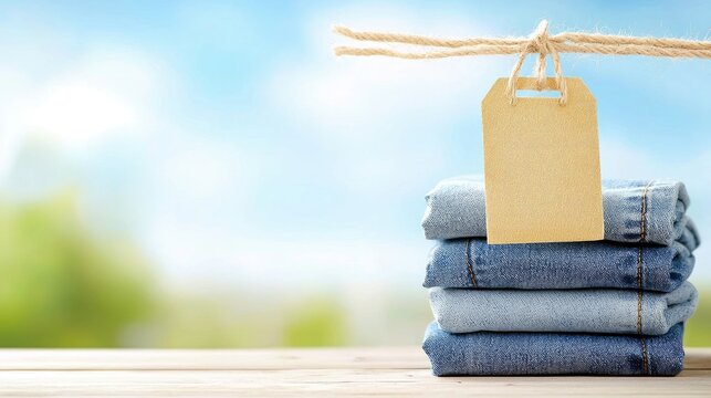 A stack of folded blue jeans with a blank tag hanging from a string, outdoors with a blurred background of greenery and blue sky.