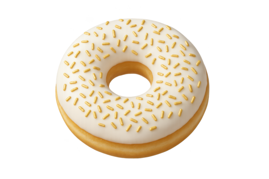 Glazed donut with white icing and gold sprinkles