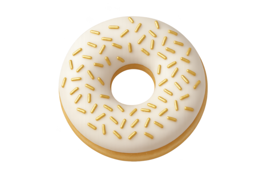 Glossy white-frosted donut with gold sprinkles