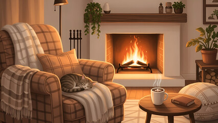 Cozy up with a good book and a warm drink by the fire, while the cat naps peacefully in the armchair, a perfect relaxing evening