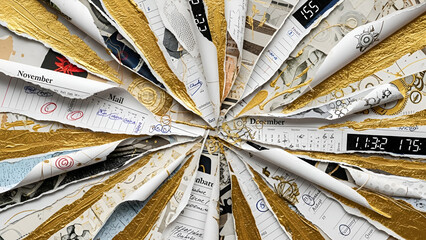 Stunning abstract art piece featuring torn calendar pages accented with luxurious gold accents and intricate details for creative projects