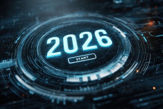 Virtual holographic panel displaying the year 2026 and a highlighted start button on a dark tech background