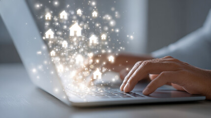 Person typing on laptop keyboard with glowing house icons floating upwards symbolizing digital real estate and online property management concepts