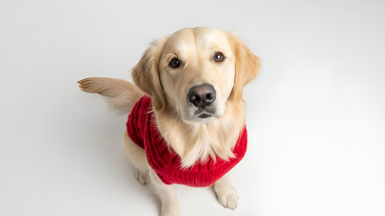 Adorable golden retriever wearing a vibrant red sweater, looking up with endearing eyes full of love and loyalty for pet product campaigns