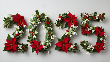 Festive floral 2025 arrangement for new year celebrations and holiday greetings with vibrant poinsettias and delicate snowdrops