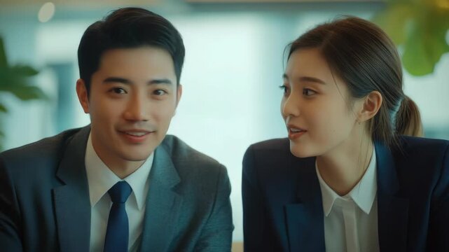 Joyful moment of a couple sharing laughter while dressed professionally.