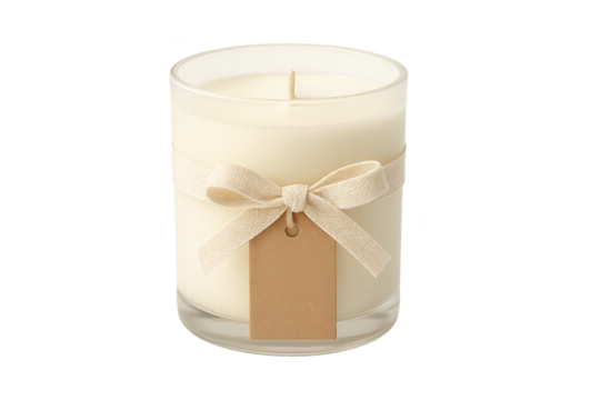 White candle in clear glass jar with beige ribbon and kraft tag
