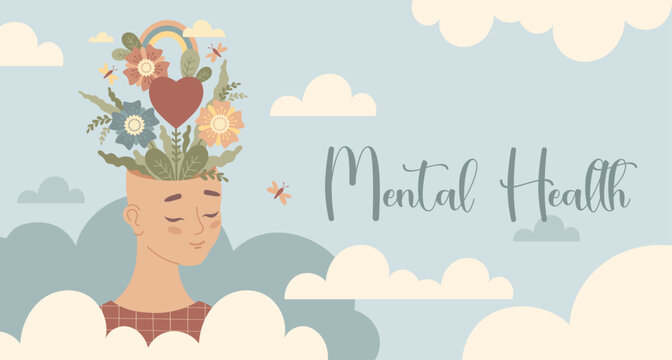 Mental Health poster. Calm Woman with Flowers, Heart and Rainbow emerging from her mind head in clouds. Wellness and emotional well-being. Self Care and Love. Vector horizontal Illustration. Not AI