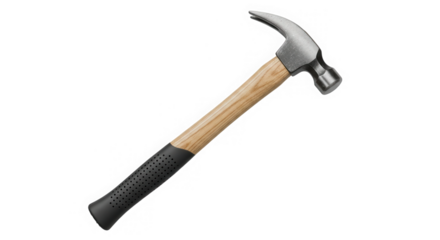 Claw hammer with wooden handle and rubber grip isolated on transparent background