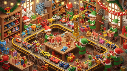 Festive holiday magic unfolds as Santa's elves lovingly craft toys in their workshop, ensuring a joyful Christmas for all children