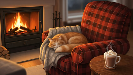 Blissful ginger cat naps peacefully by a crackling fire with hot cocoa in cozy armchair offering pure comfort and relaxation at home