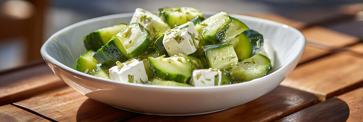 Fresh greek salad with cucumber and feta cheese cubes in white bowl
