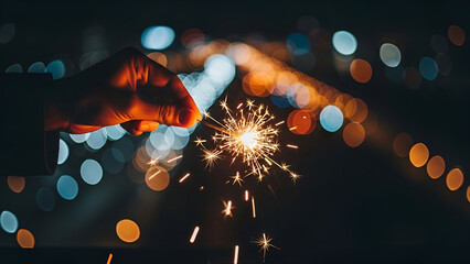 Magical sparkler held against a bokeh backdrop, evoking joy and celebration on a special night, perfect for festive designs