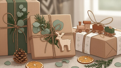 Elegant Christmas presents with rustic wrapping and charming wooden toys, perfect for holiday cheer and festive spirit in a cozy home setting