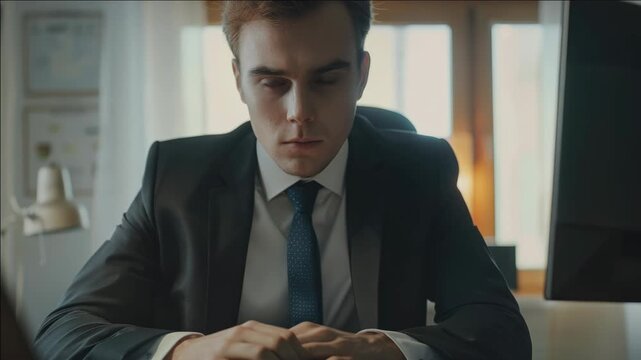 Man wearing suit and tie sitting at desk.