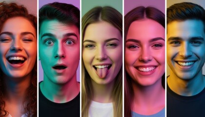 Collage of young people's emotional faces showing happiness, surprise, and playfulness in a series of close-up portraits with vibrant, colorful neon lighting