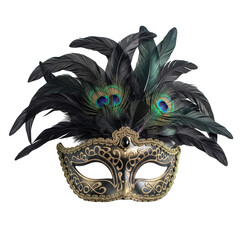 Ornate venetian mask with black feathers and peacock accents isolated on transparent background