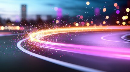 Abstract image of light trails on a road with a city skyline in the background, illuminated at night.