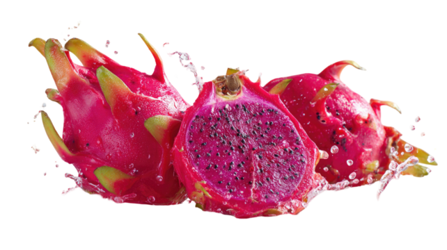  Whole and sliced dragon fruit arranged with detailed texture and vibrant color displayed in natural composition isolated on white background