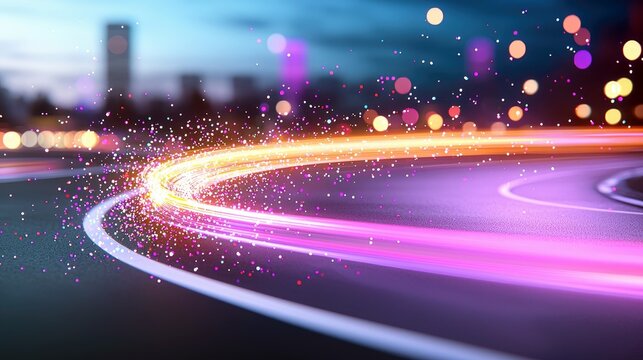 Abstract image of light trails on a road with a city skyline in the background, illuminated at night.