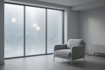 Sleek gray armchair in a clean minimalist room with large frosted windows for modern living concept and tranquil interior design